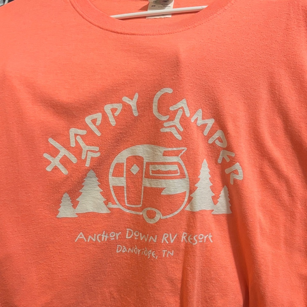 Fruit of the Loom orange Anchor Down RV Resort Happy Camper Tee